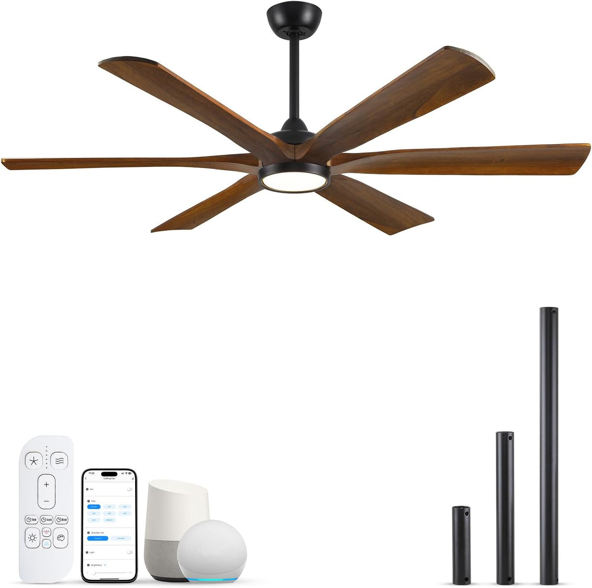 72" Wood Outdoor Smart Ceiling Fan with Light & Remote