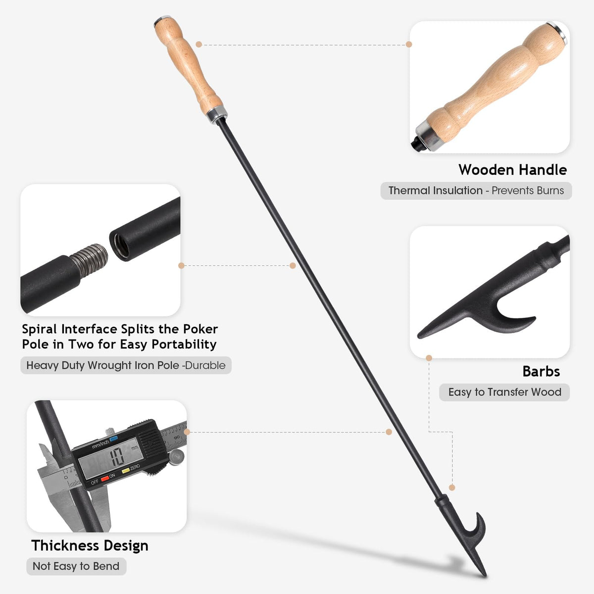 Fire Poker for Fire Pit, 32" Long Heavy Duty, Wooden Handle