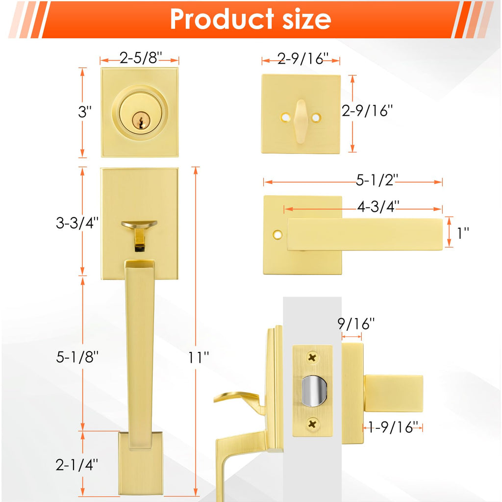 Gold Front Door Lock Set, Front Door Handle and Deadbolt Set