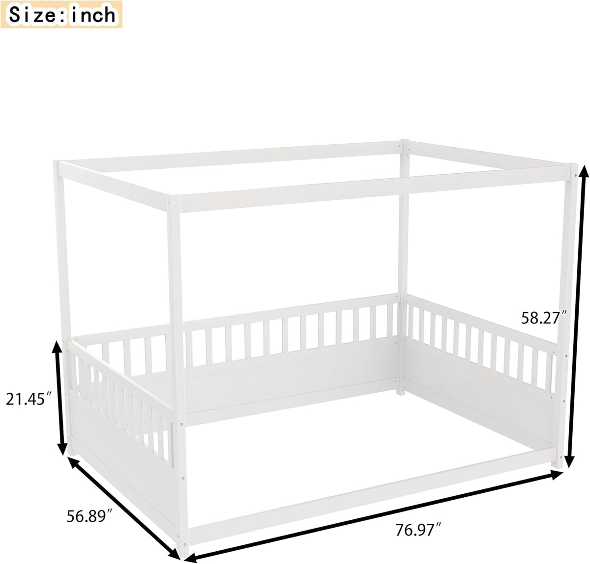 Canopy BedFrame, Wood Montessori House Floor Bed, Canopy Platform Bed for Kids, White no slats