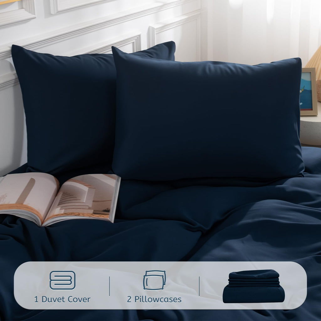 Duvet Cover, Navy 3 Pieces Duvet Cover Set, Soft and Lightweight 100% Washed Microfiber Comforter Cover Set for