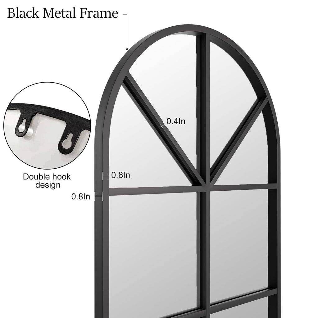 Floor Full Length Mirror, Arch Top Window Pane Mirror, 56"x22" Black
