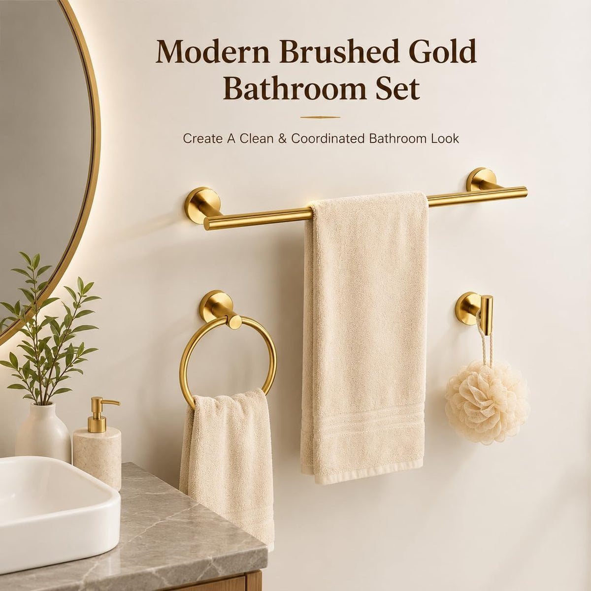 Brushed Gold Bathroom Hardware Set 5 Piece with Towel Racks , SUS304 Stainless Steel Bath Towel Bar Set, 24 Inch Wall
