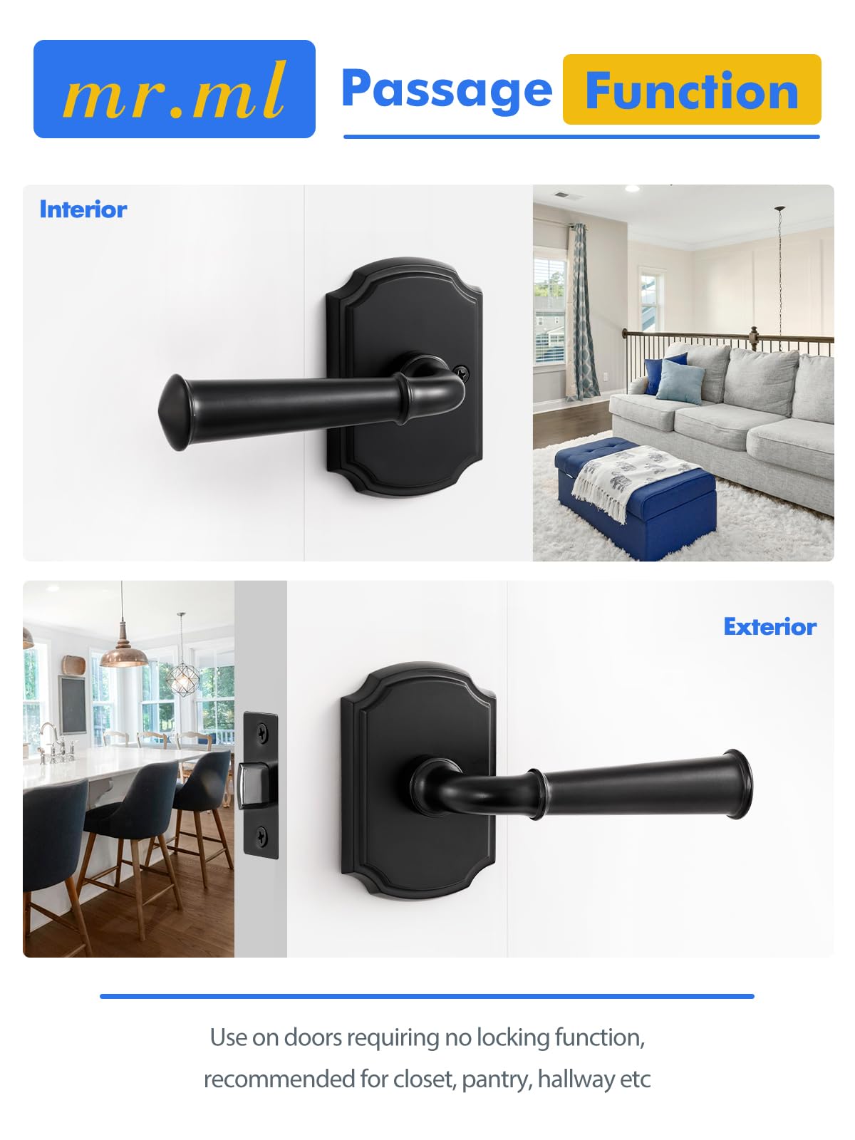 Door Handle Black Passage Door Lever, 1 Pack