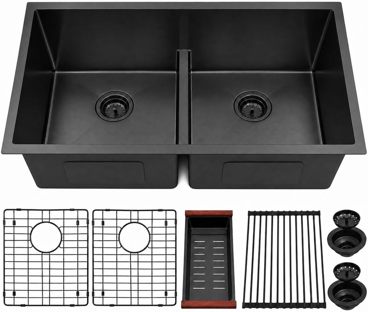 32 inch Double Bowl Kitchen Sink,Black Undermount Kitchen Sink 32 X 18 inch,16 Gauge Stainless Steel Undermount