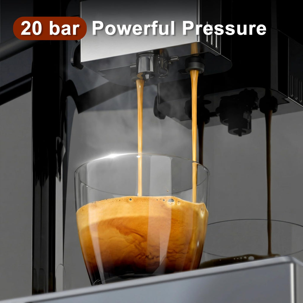 Fully Automatic Coffee Machine, 20 Bar Automatic Espresso Machine, Coffee Maker with Grinder for 15 Settings, Auto