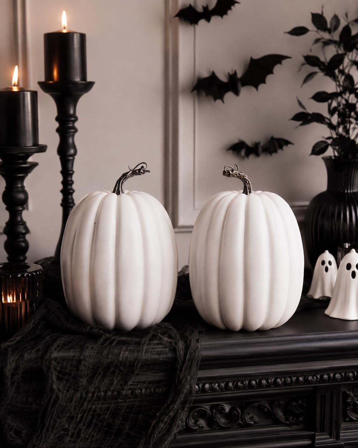 2 Pack 8 Inch Large White Artificial Pumpkins for Fall Decor