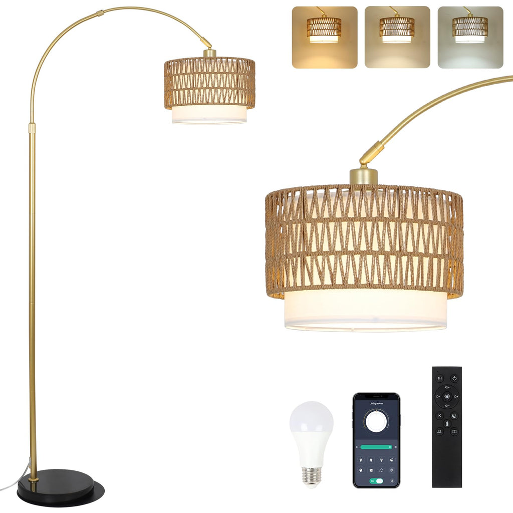 Arc Floor Lamp with Rattan & Linen Shades, Gold Floor Lamp with Remote & Dimming Bulb, Rustic Standing Lamp with 3