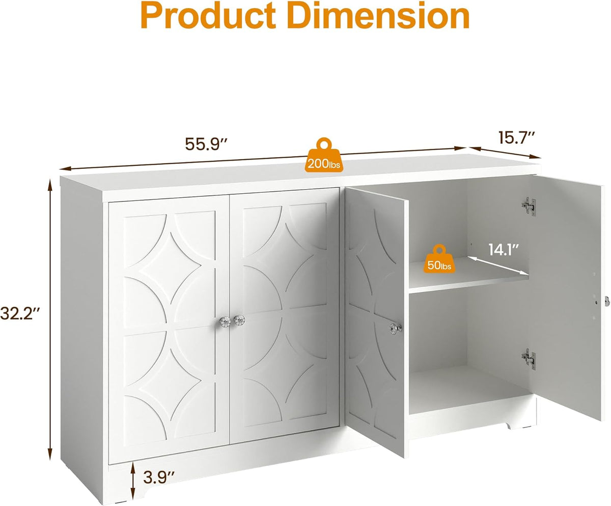 Sideboard Buffet Cabinet with Storage, 56" Modern Sideboard with 4 Carved Doors and Adjustable Shelves