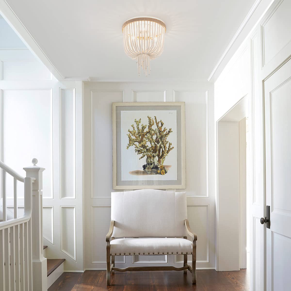 Wood Beaded Flush Mount Ceiling Light Bohemia Antique Rustic 3 Lights Mini Farmhouse Chandelier Kitchen Island Dining