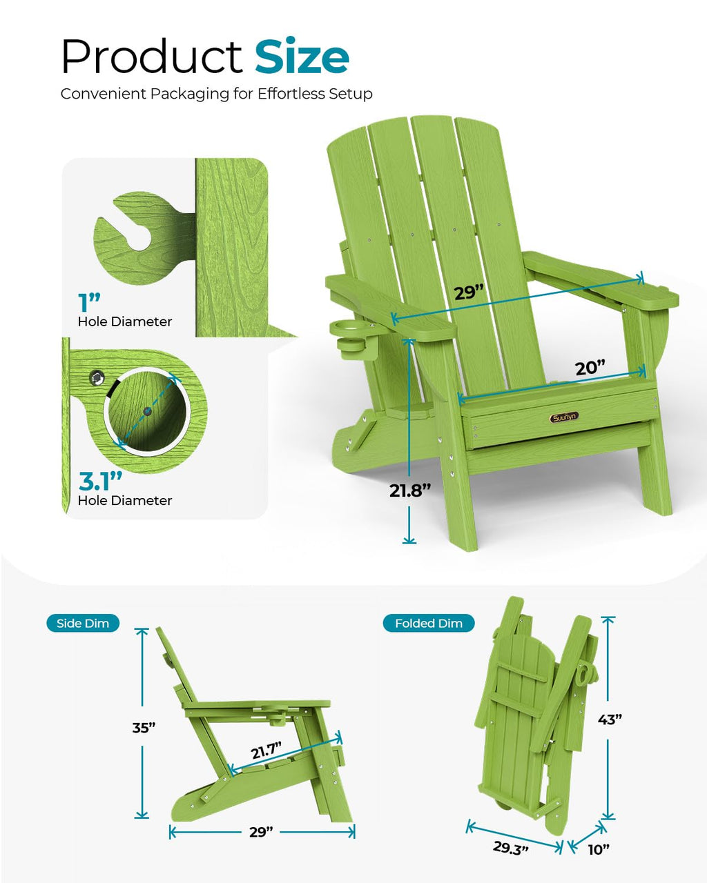Folding Adirondack Chair, HDPE, 2 Cup Holders, Lime