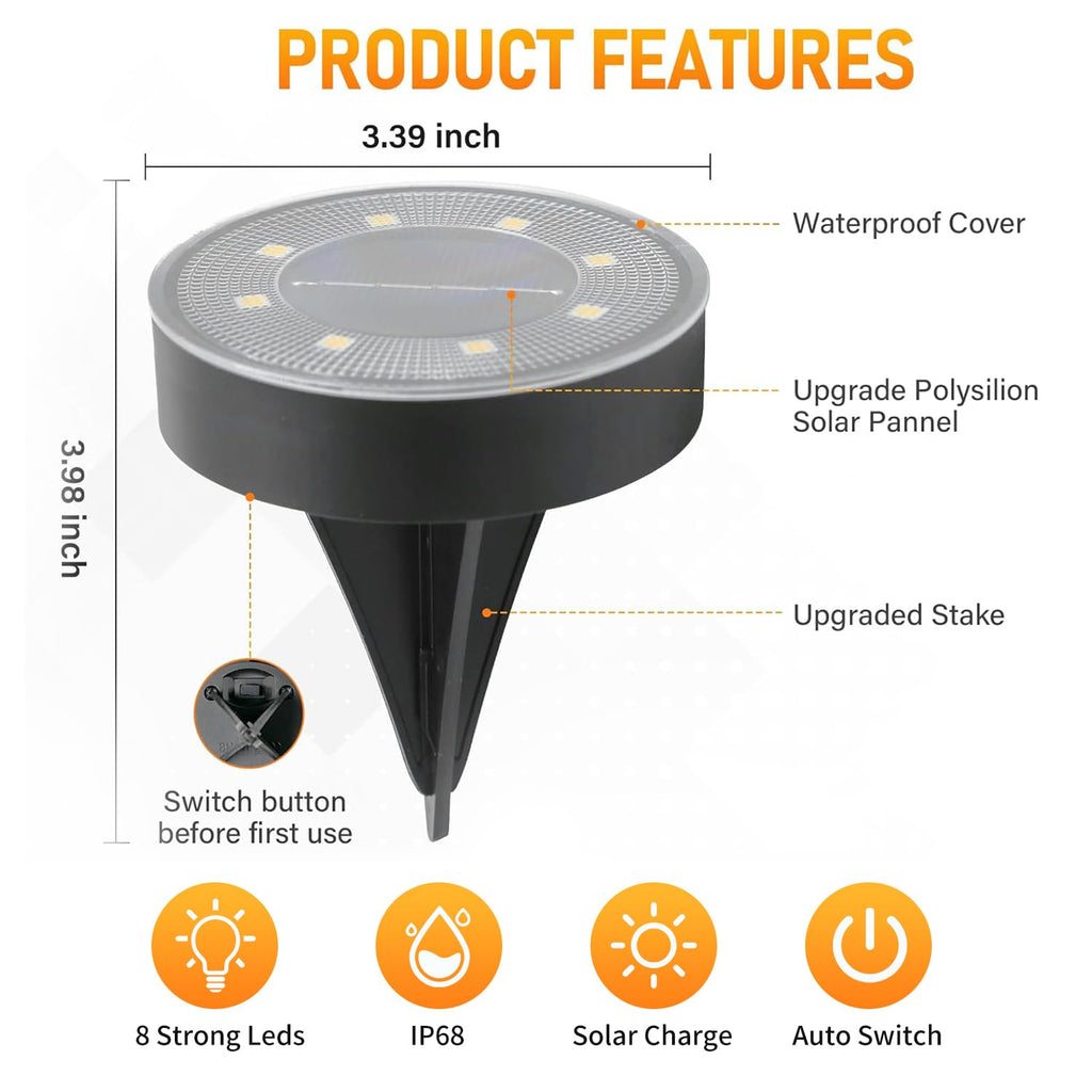 Ground Lights 12 Pack, IP68 Waterproof Solar Disc Lights for Outdoor, Flat Garden Light, In-Ground Light, Landscape