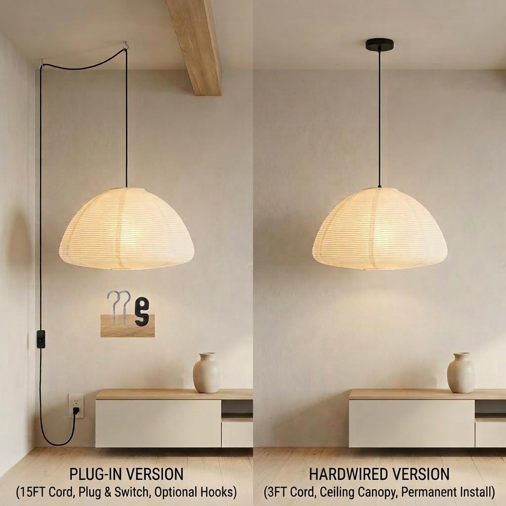 Inspired Noguchi Style Rice Paper Lantern Lamp • Paper Lantern with Light - Ambient Lighting with Rice Paper Lamp Shade, Perfect Decor, Easy