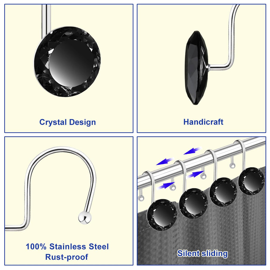 24PCS Shower Curtain Hooks Rings, Round Stainless Steel Rust Proof Crystal Rhinestones Bling Shower Curtain Rings