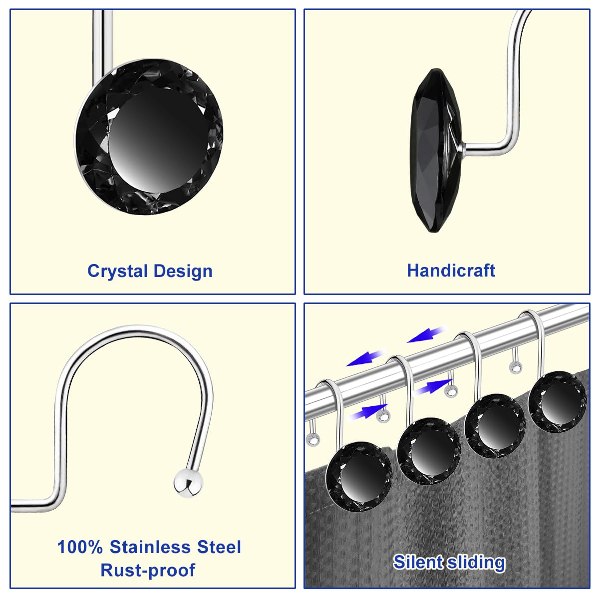 24PCS Shower Curtain Hooks Rings, Round Stainless Steel Rust Proof Crystal Rhinestones Bling Shower Curtain Rings