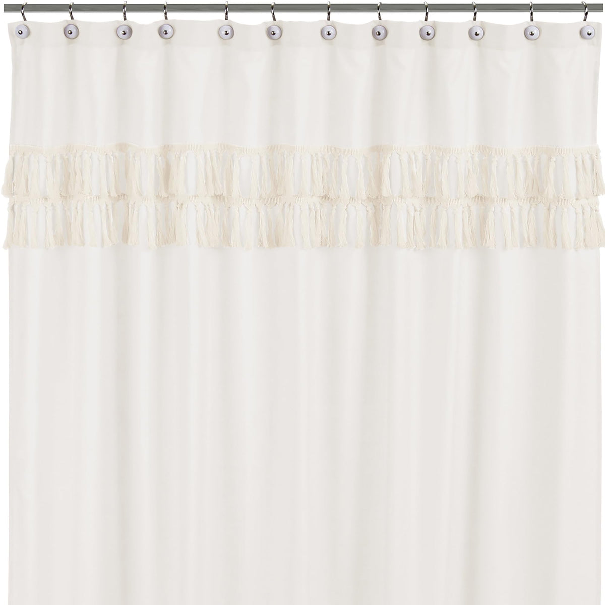 Minimalist Boho Chic Solid Ivory Cream Macrame Fringe Knotted Tassel Decorative Bathroom Fabric Bath Shower Curtain
