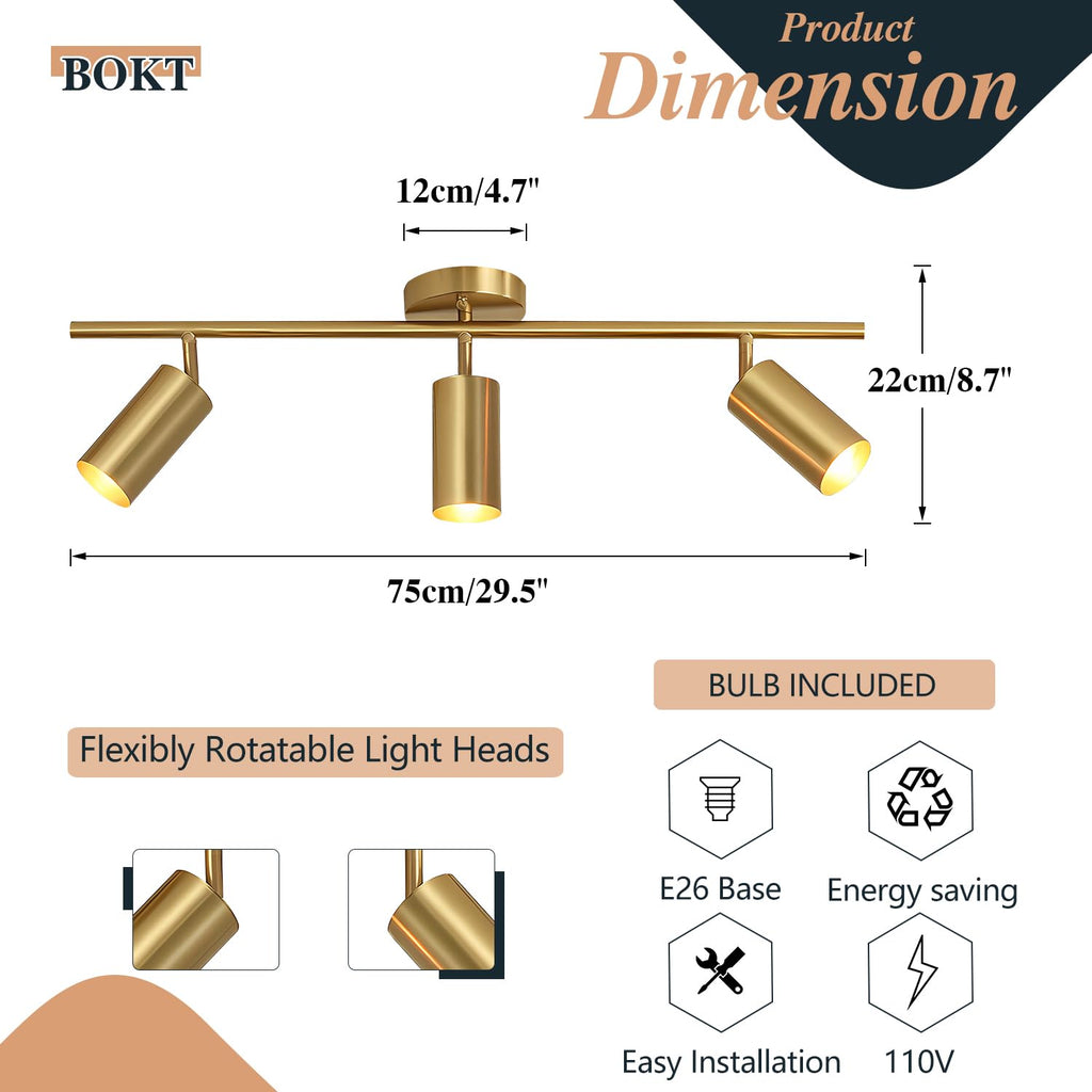 Gold 3-Lights Track Lighting Brushed Brass Ceiling Spotlight Light