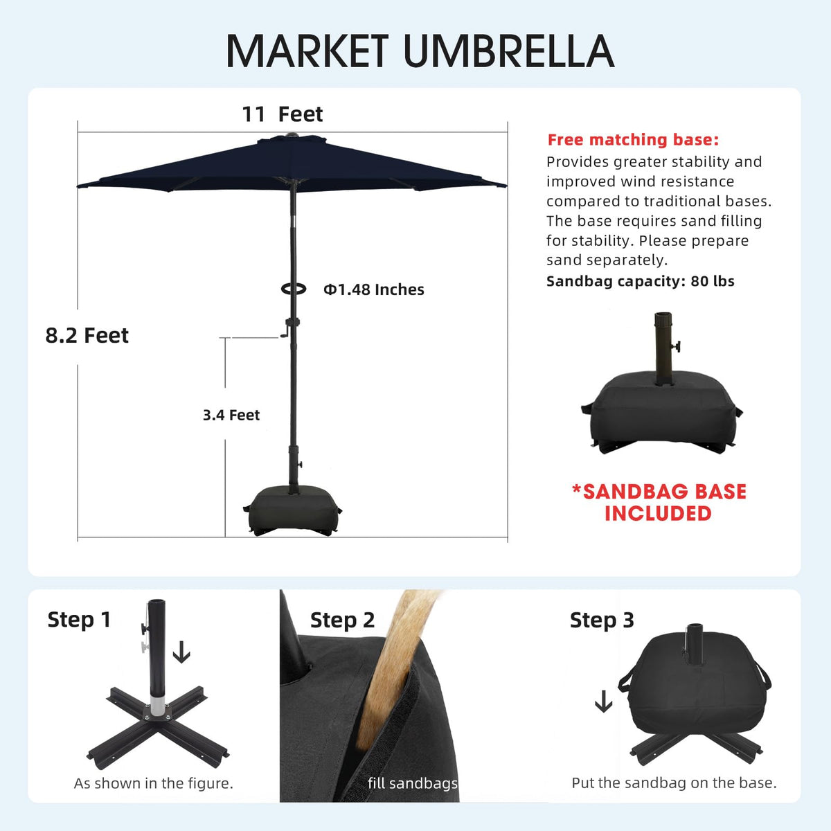 11FT Patio Umbrella with Base, Outdoor Umbrellas with Base Included, 8 Sturdy Ribs, Waterproof Fade Resistant