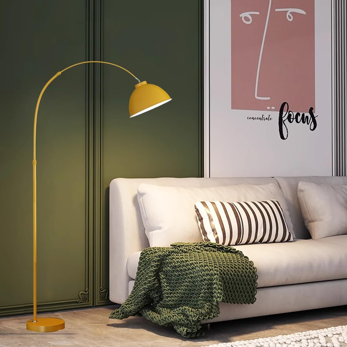 Modern Arc Yellow Floor Lamp,Tall Reading Lamps Floor Standing,Adjustable Macaron Color Floor Lamps Bedroom and Office