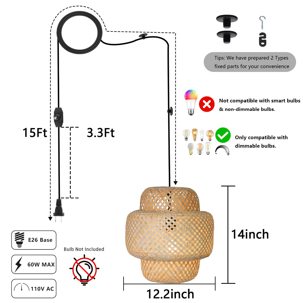 Plug in Pendant Light Rattan Hanging Lights with Plug in Cord, Handwoven Bamboo Lampshade Hanging Lamp with Dimmable