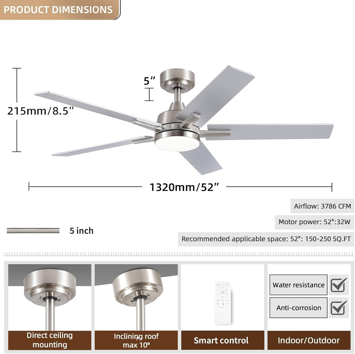 52" Brushed Nickel Ceiling Fan with Light & Remote