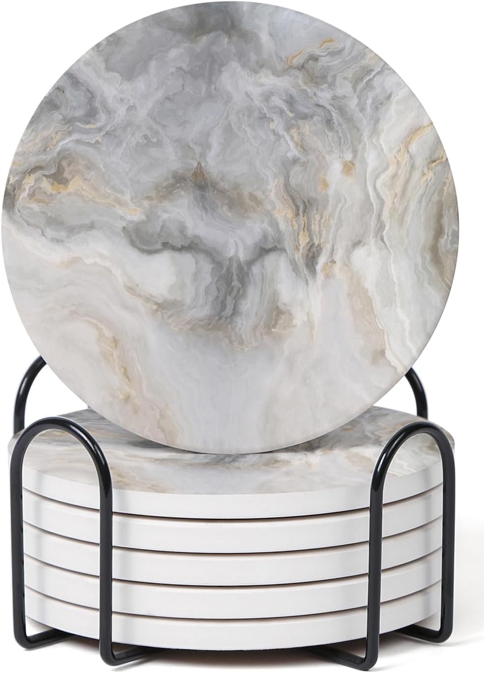 Abstract Gray White Marble Coasters with Holder, Absorbent Ceramic Coasters for Drinks, Coasters with Cork - Set of 6