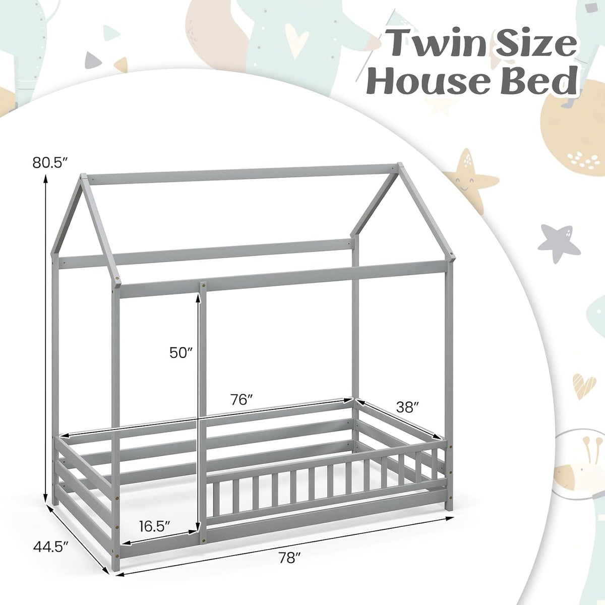 Floor House Bed, Wooden Montessori Bed with Roof &Full-Length Safety Guardrail, Floor Playhouse Bed Frame