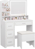 Vanity Table with LED Mirror & Power Outlet - 5 Open Shelves, 4 Drawers - Includes Padded Stool - Ideal Bedroom
