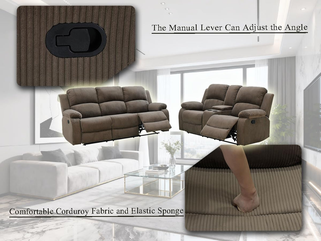 Reclining Sectional Sofa Set with Cup Holders, 2PCS Living Room Furniture Sets, Corduroy Recliner Sectional Sofa Set