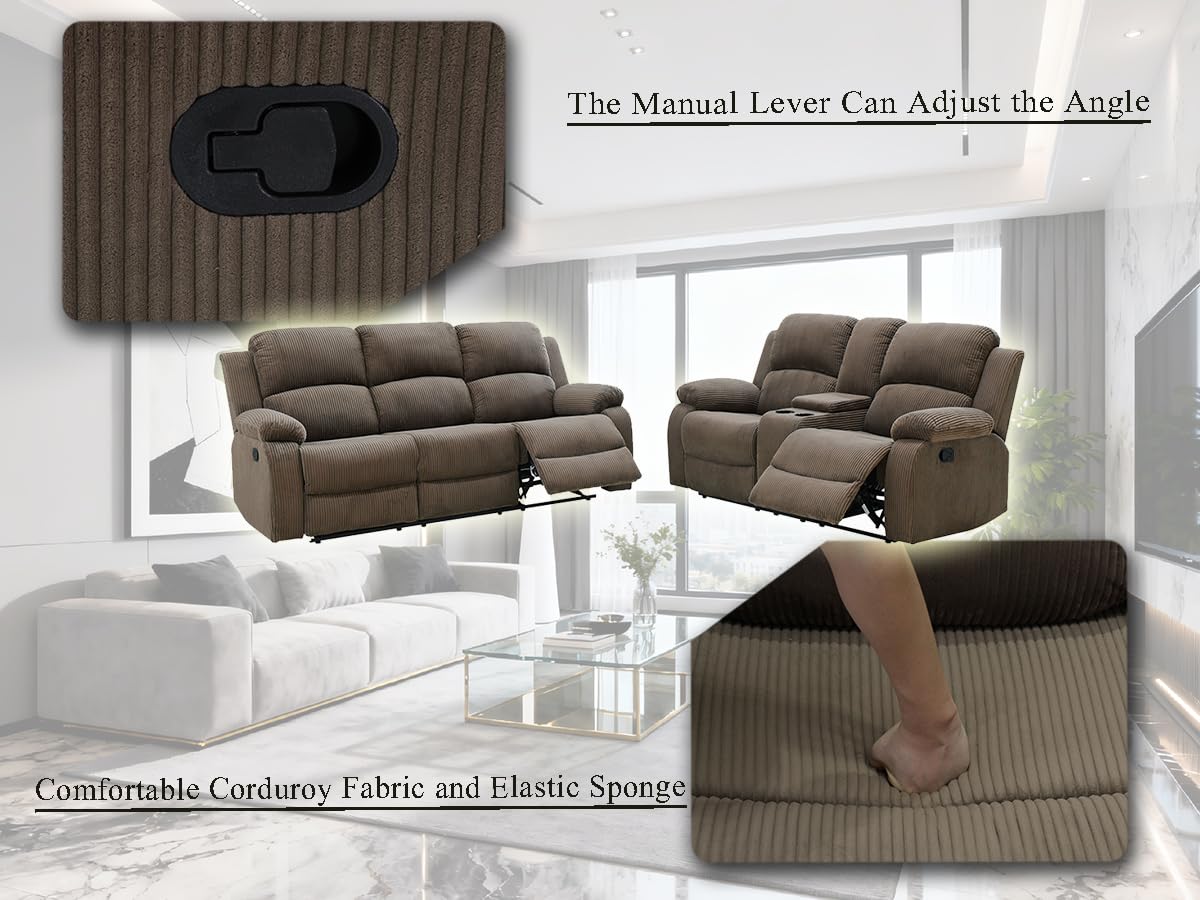 Reclining Sectional Sofa Set with Cup Holders, 2PCS Living Room Furniture Sets, Corduroy Recliner Sectional Sofa Set