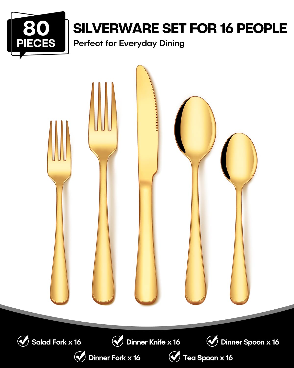 80Pcs Gold Silverware Set, Stainless Steel Flatware Cutlery Set Service for 16, Mirror Polished Gold Utensils Set