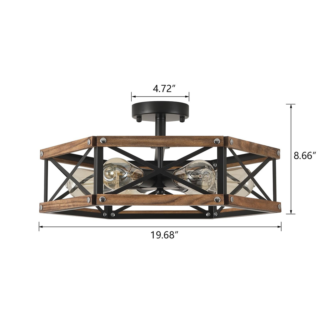 6-Light Large Rustic Farmhouse Wood Flush Mount Ceiling Light Fixture 20 inch Oak Wood and Metal Cage Semi Flush
