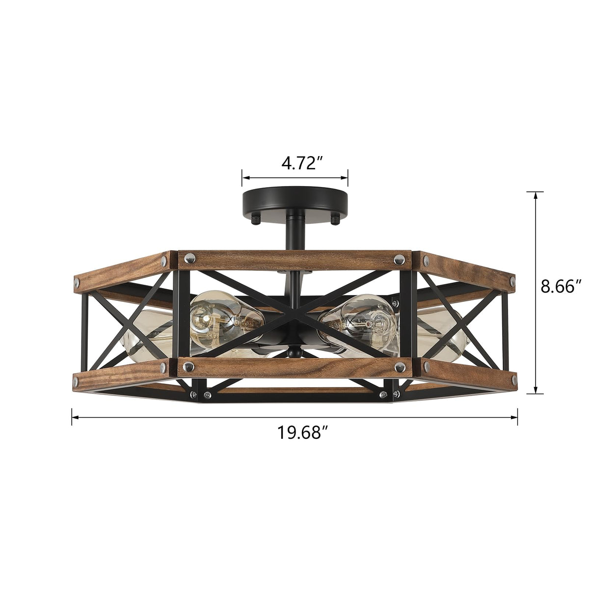 6-Light Large Rustic Farmhouse Wood Flush Mount Ceiling Light Fixture 20 inch Oak Wood and Metal Cage Semi Flush