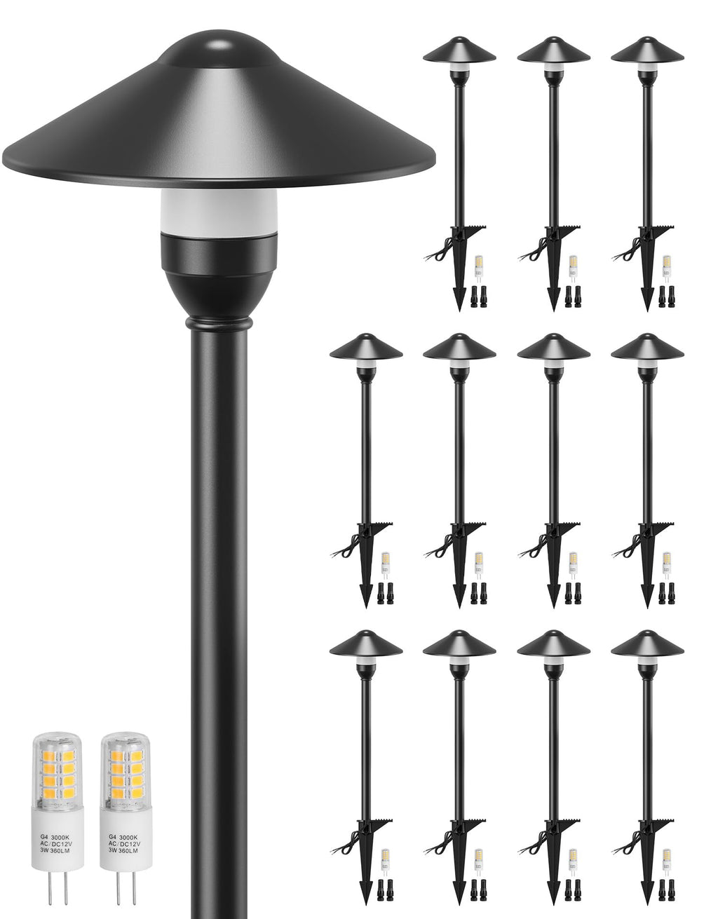 Low Voltage Pathway Lights with G4 3W 3000K Bulbs 12-Pack, Black Aluminum