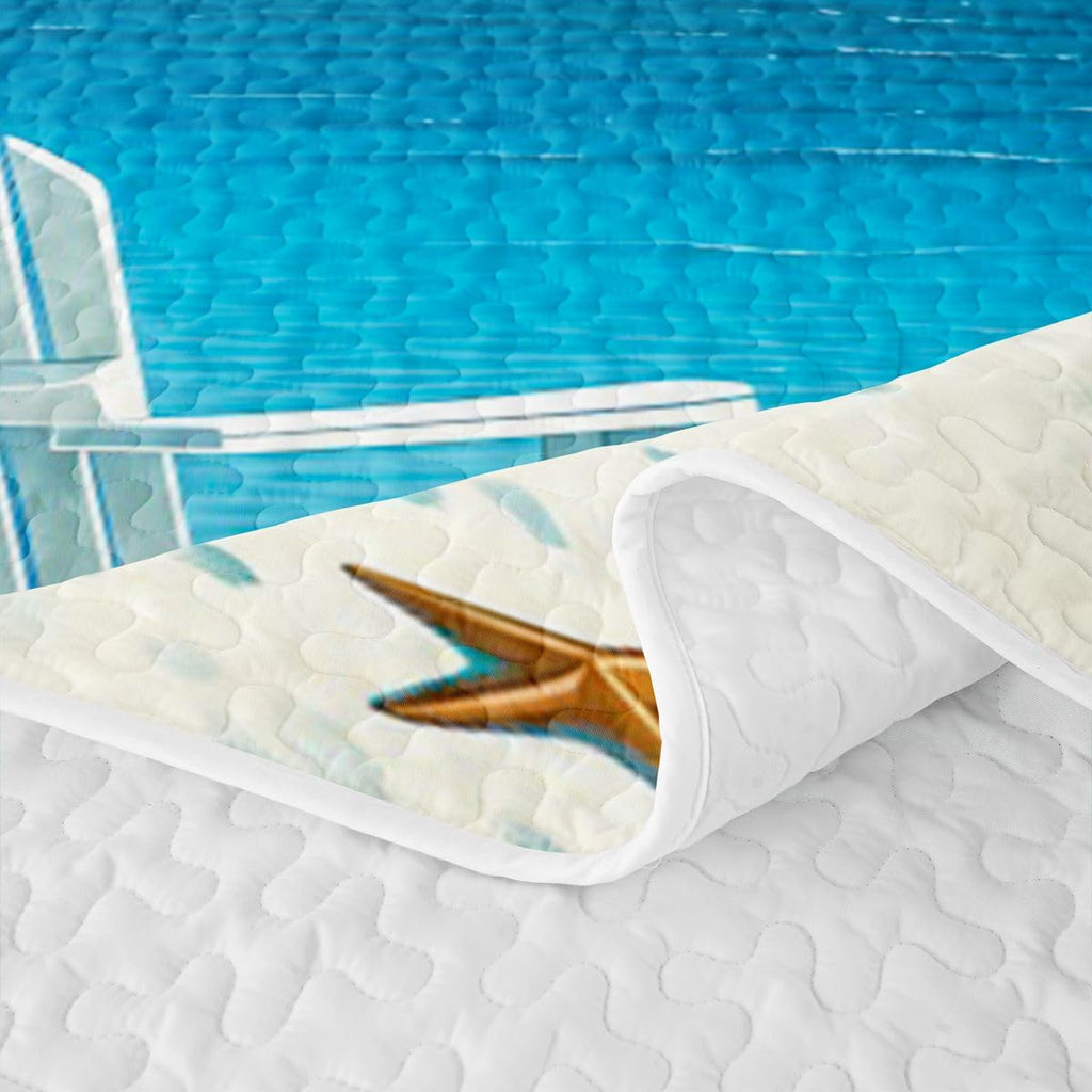 Beach Quilted Bedspread, Sunny Beach Palm Tree Starfish Quilt Bedding Set 3 Pieces, Tropical Coastal Ocean