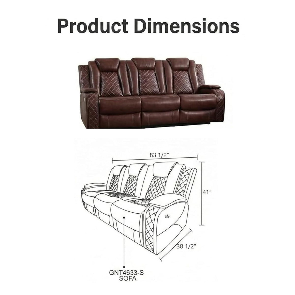Power Recliner Sofa with LED Lights, Leather Power Reclining Sofa, Living Room 3-Seater Couch with with USB Power