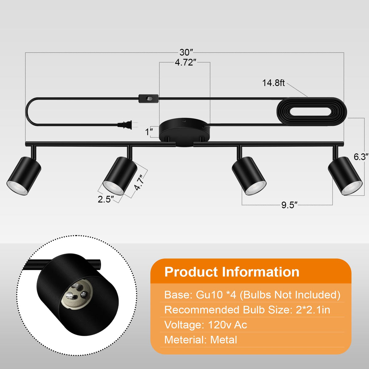Plug in Track Lighting LED, Track Lighting Fixtures Ceiling, Black 4-Light Kitchen Light Kit, Plug in Wall Light