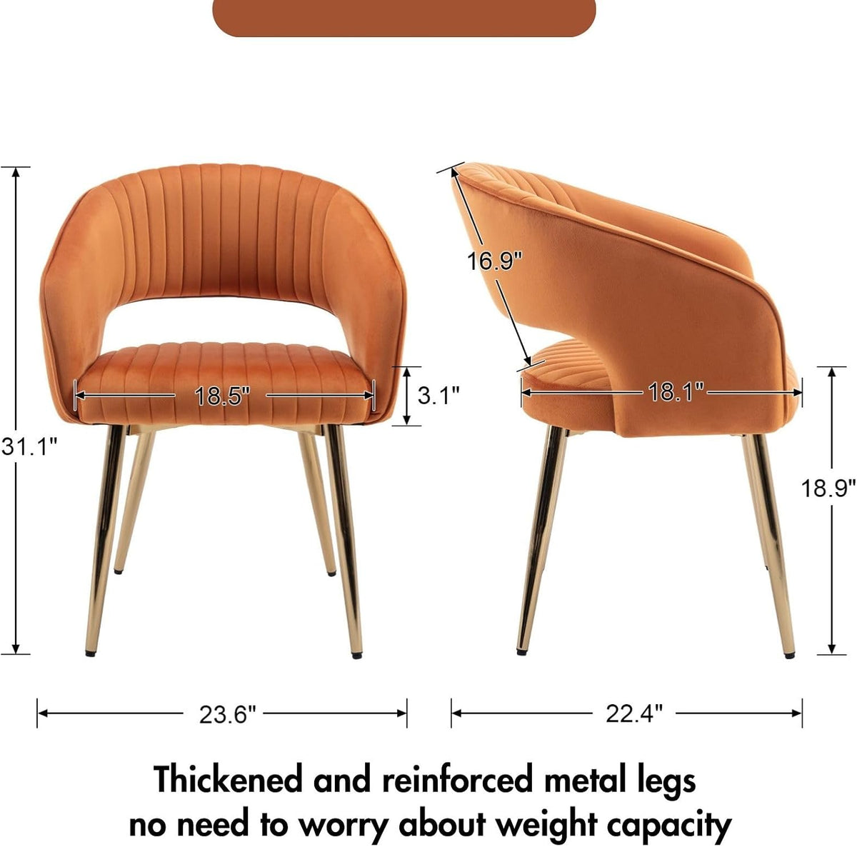 Orange Velvet Dining Chairs Set of 4, Modern Gold Legs Dining Room Chairs with Hollow Back, Upholstered Accent