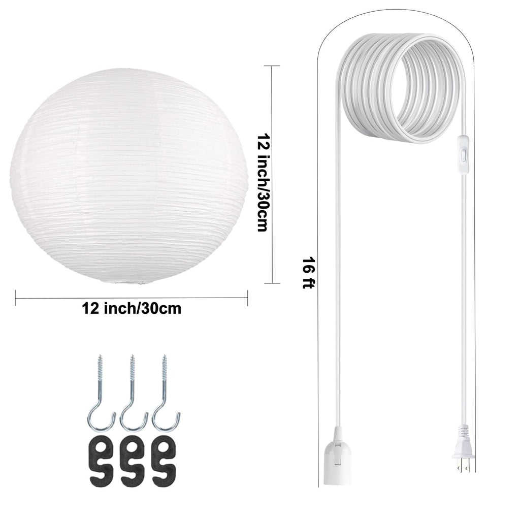 Inspired Noguchi Style 12 Inch Round Plug in Hanging Paper Lantern Lights with Cord, 2 Pack