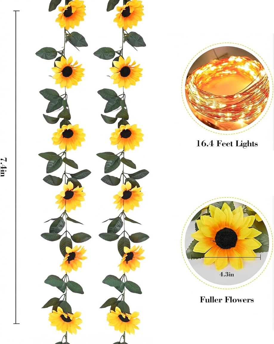 Sunflower Garland Decor with Lights, Sunflower Vines Hanging Flowers Garland with Green Leaves, Fake Yellow Flower