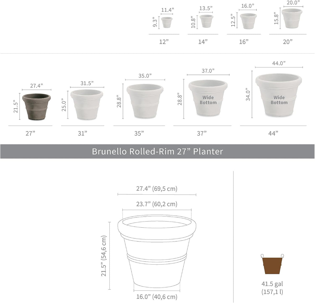 Brunello Classic Gray Rolled Rim Planter Pot, Lightweight Indoor/Outdoor Weather-Safe Round Plant Pot, 27''W