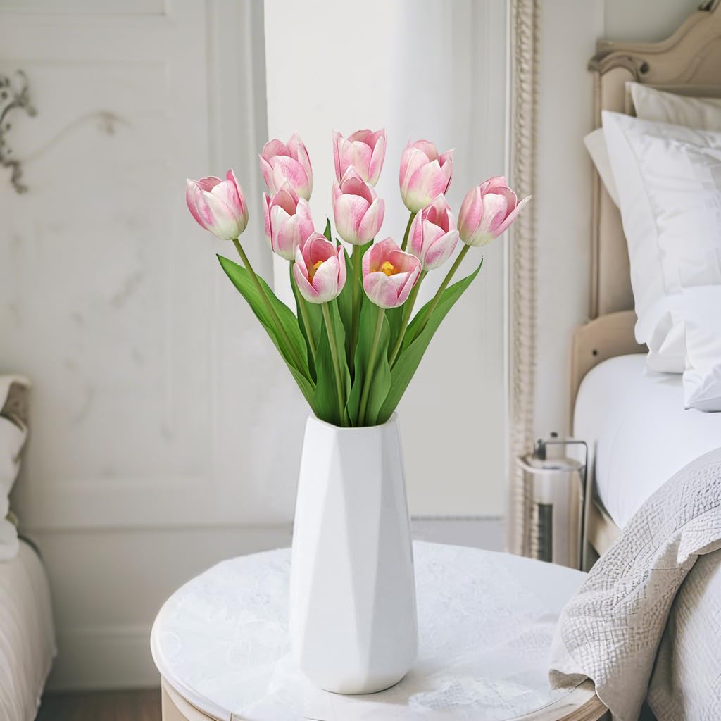 Artificial Tulips - 20" Long Stem Faux Tulips, 10PCS Real Touch Fake Pink Tulip for Vase, Farmhouse, Kitchen, Spring
