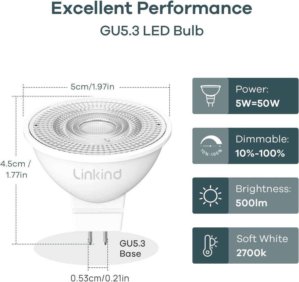 Dimmable MR16 LED Bulbs, 50W Equivalent GU5.3 Bi-Pin Base, 12V Low Voltage 5W 2700K Soft White 500lm 40° Beam Angle