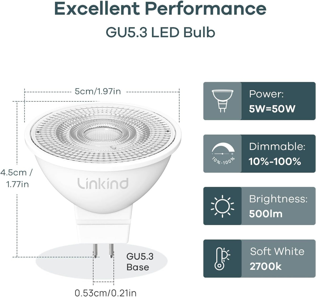 Dimmable MR16 LED Bulbs, 50W Equivalent GU5.3 Bi-Pin Base, 12V Low Voltage 5W 2700K Soft White 500lm 40° Beam Angle
