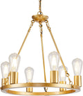 6-Light Gold Wagon-Wheel Chandelier, Farmhouse Glam Ring Light for Dining