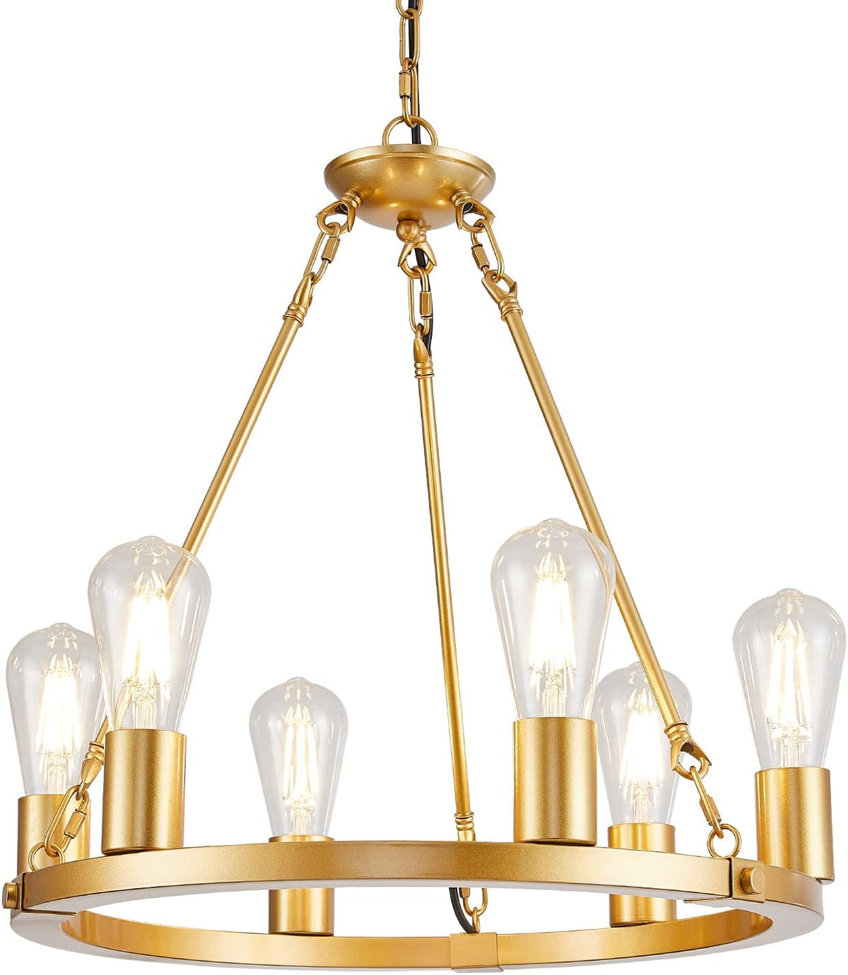 6-Light Gold Wagon-Wheel Chandelier, Farmhouse Glam Ring Light for Dining