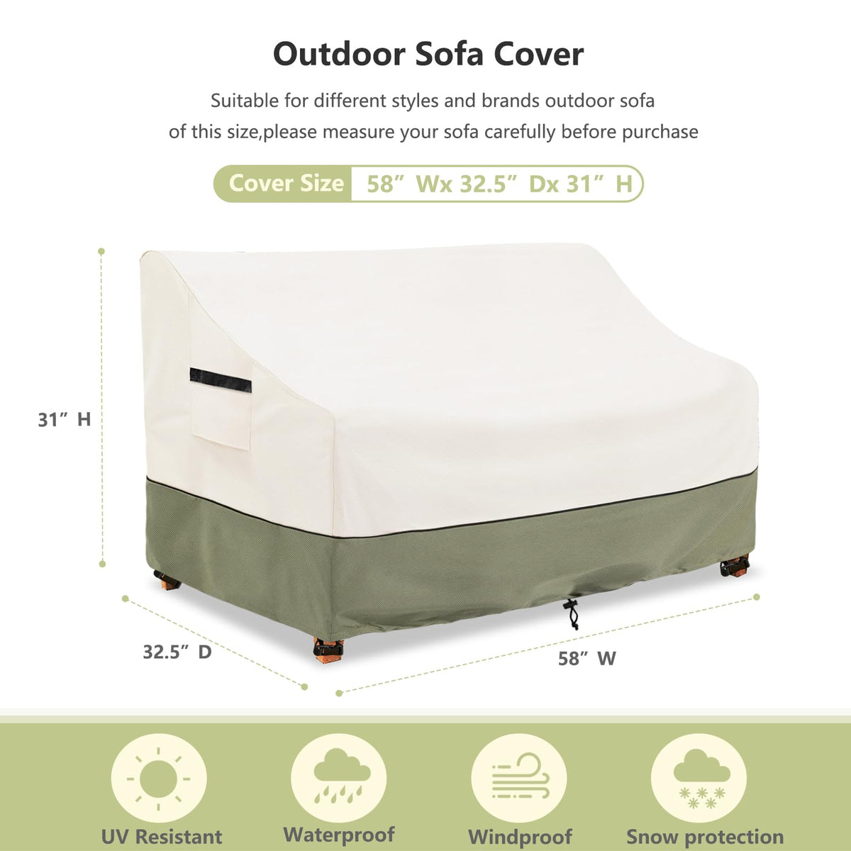 2-Seater Patio Sofa Cover, 58 W x 32.5 D x 31 H Inches Outdoor Couch Cover, 600D Heavy Duty Waterproof Outdoor Sofa