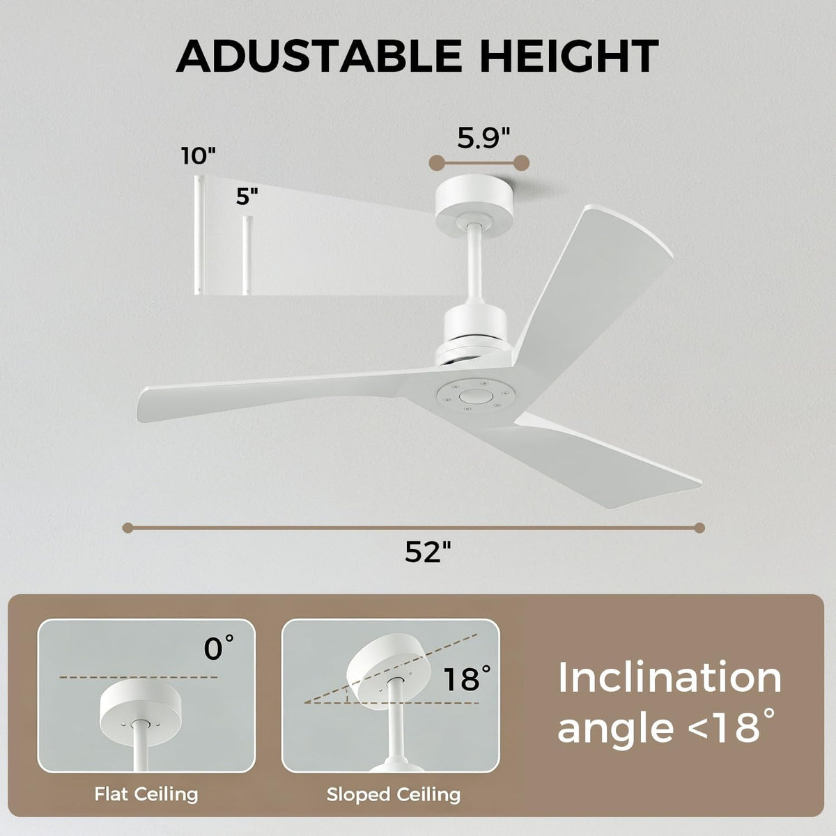 52" White Ceiling Fan with Remote, No Light