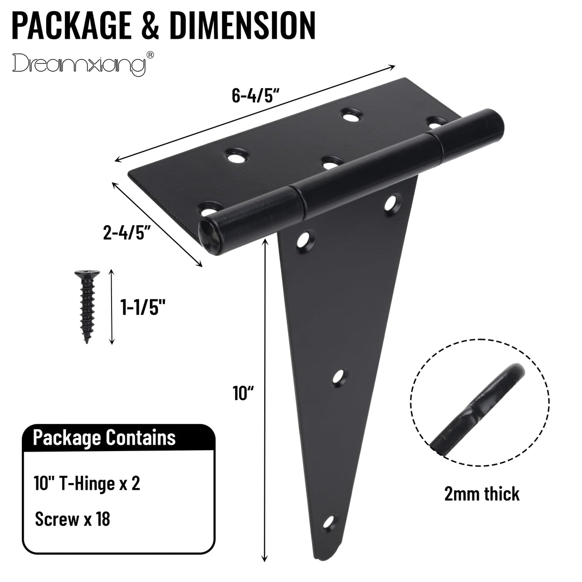 10 Inch T-Strap Gate Hinges, Heavy Duty Shed Barn Door Hinges, Black Tee Hinges for Wooden Fence, Yard Gate, Wrought