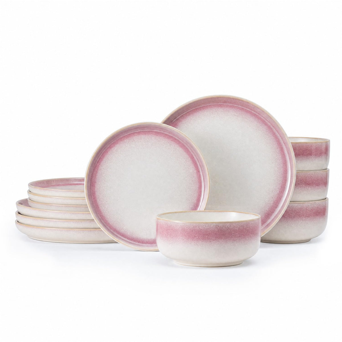 Dinnerware Set for 4, Pink Reactive Glaze Plates and Bowls Sets